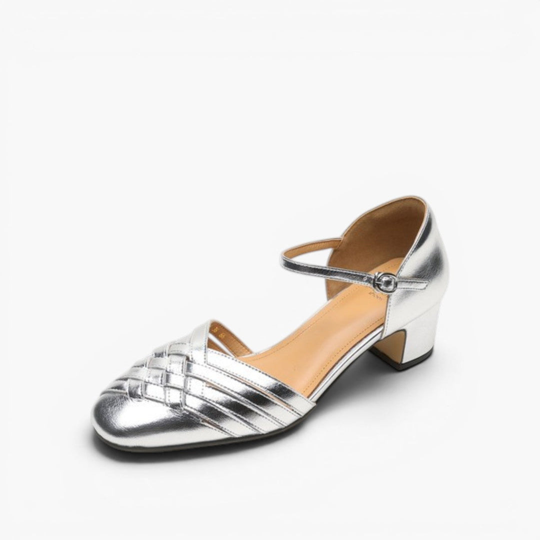 Sole and heel detail of Celestine woven leather heels