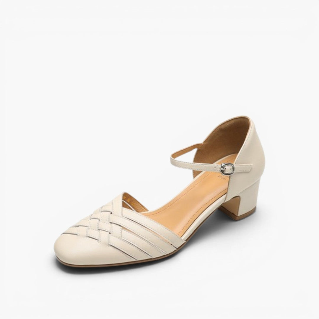 Celestine woven leather ankle-strap heels in Soft Ivory, side profile