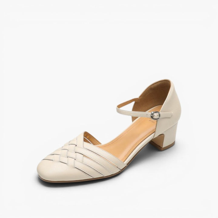 Celestine woven leather ankle-strap heels in Soft Ivory, side profile