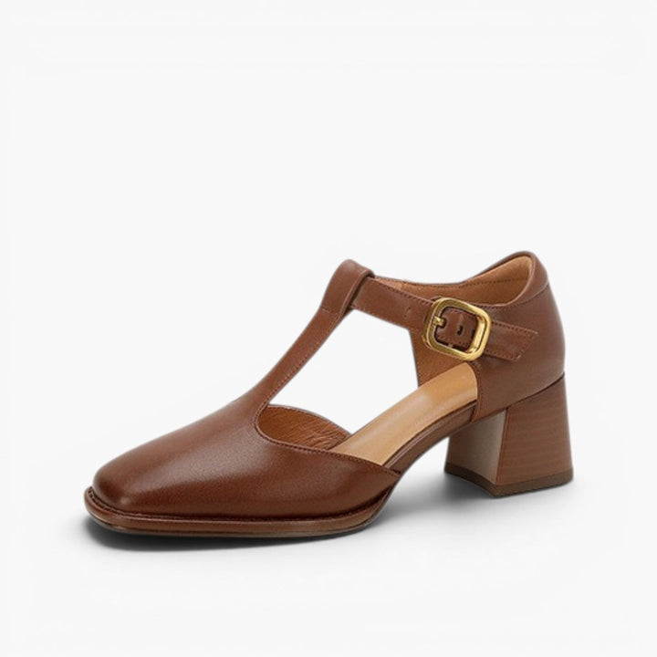 Chestnut Terra T-strap leather pumps, angled studio shot