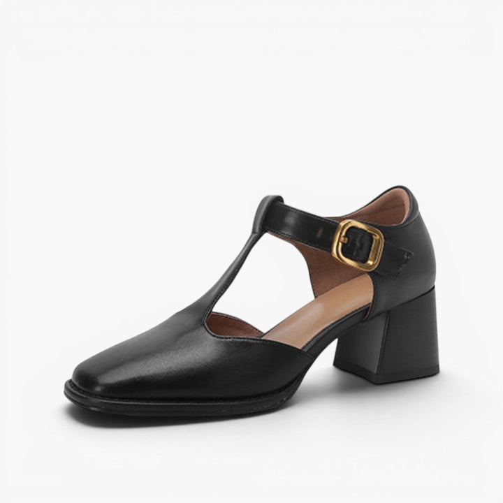 Vera square-toe T-strap leather pumps in Onyx Noir, side profile