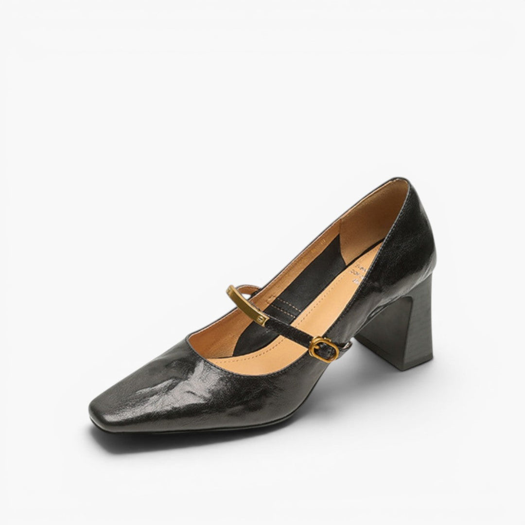 Bridget square-toe leather block pumps in Onyx Black, side profile