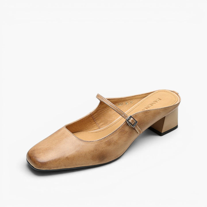 Florence square-toe leather block mules, full pair view