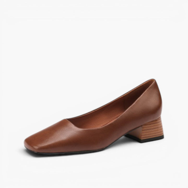 Women's square-toe leather low pumps, side profile