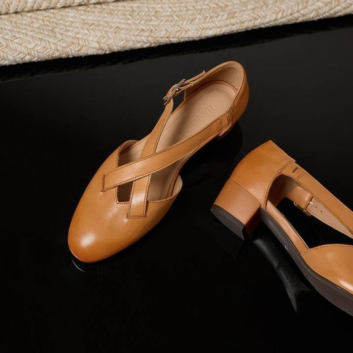 Cross-strap leather block heels, top view of Camel Tan pair
