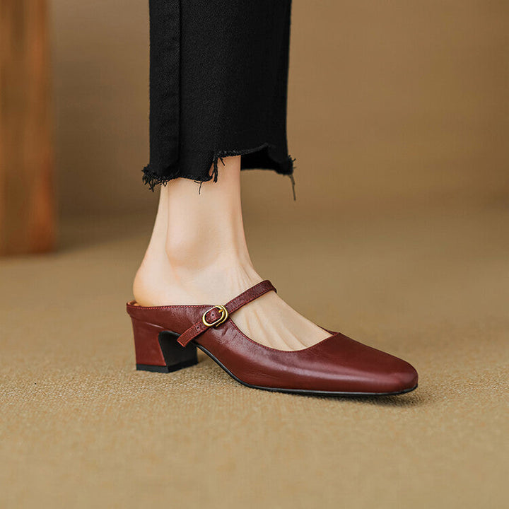 Felicity strap leather heeled mule, three-quarter view