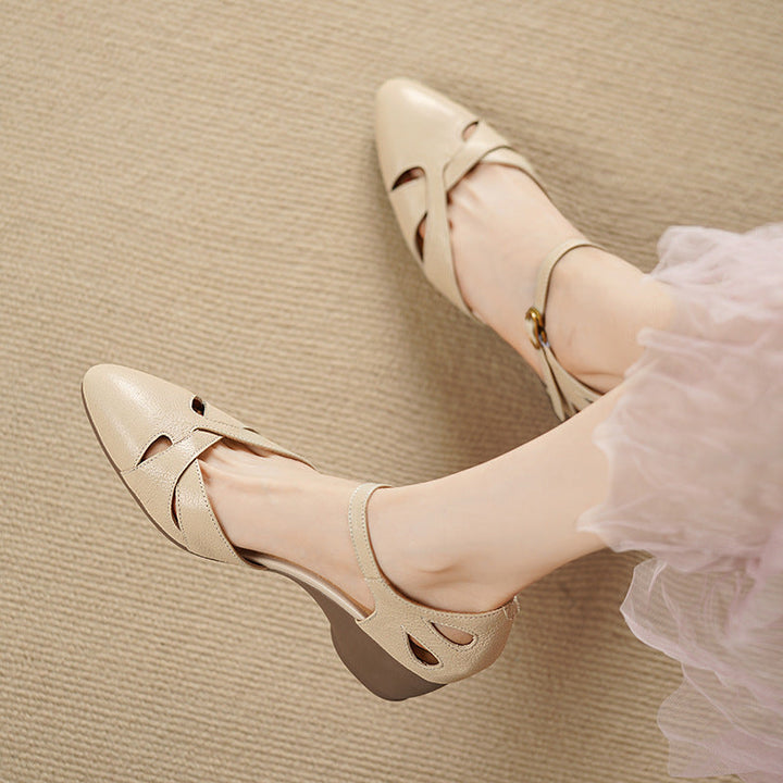 Warm Sand lambskin ankle-strap heel, side view of low heel