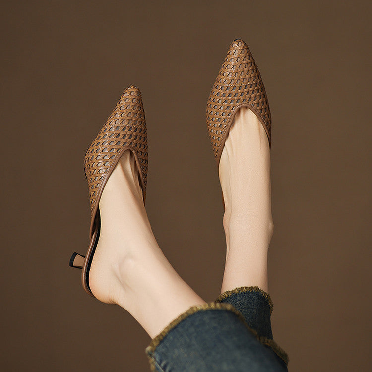 Close-up of handwoven leather on a pointed mule