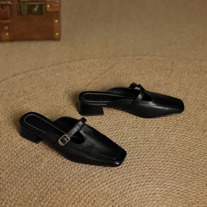 Edith | Square-Toe T-Strap Leather Mules