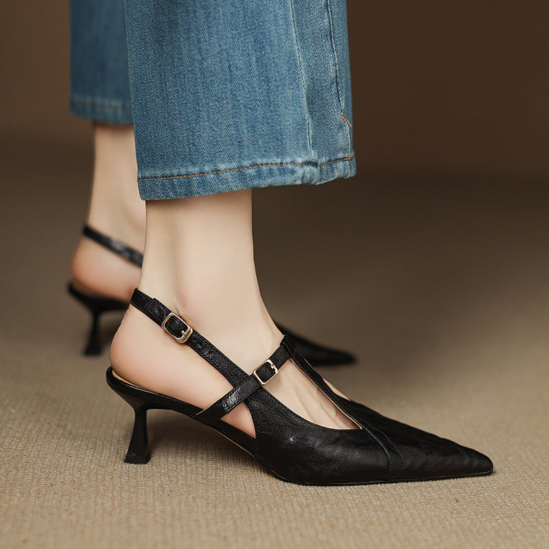 Bordeaux Wine leather T-bar slingback heel, side view of 2.25-inch heel