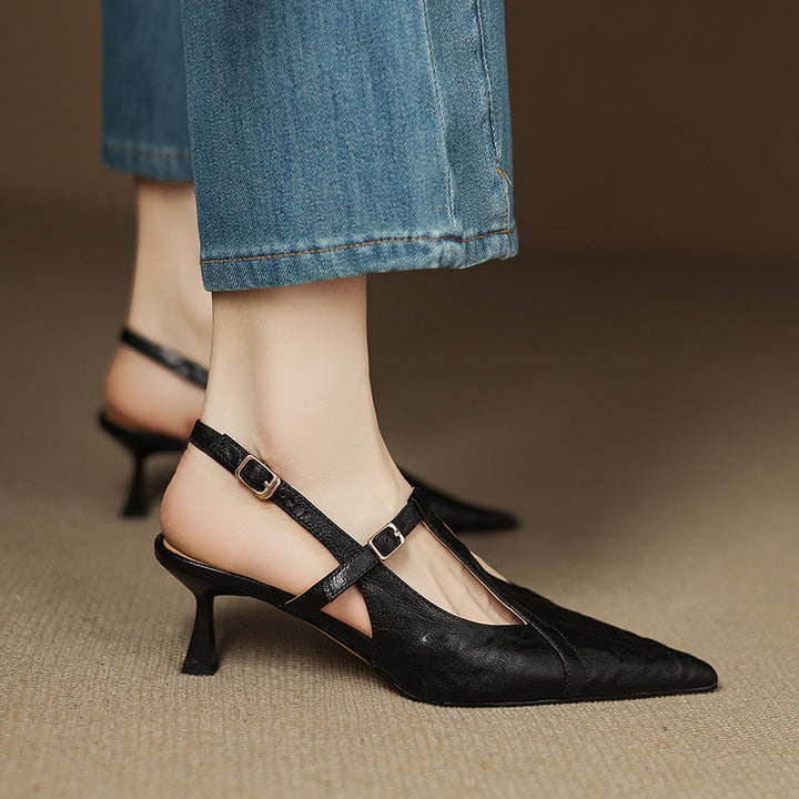 Bordeaux Wine leather T-bar slingback heel, side view of 2.25-inch heel