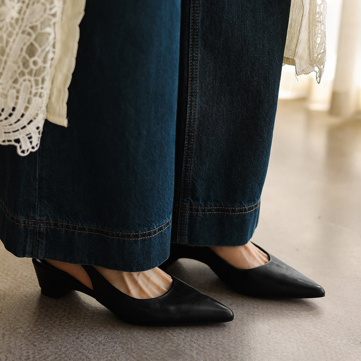 Leather slingback heel, angled 2-inch block-heel view