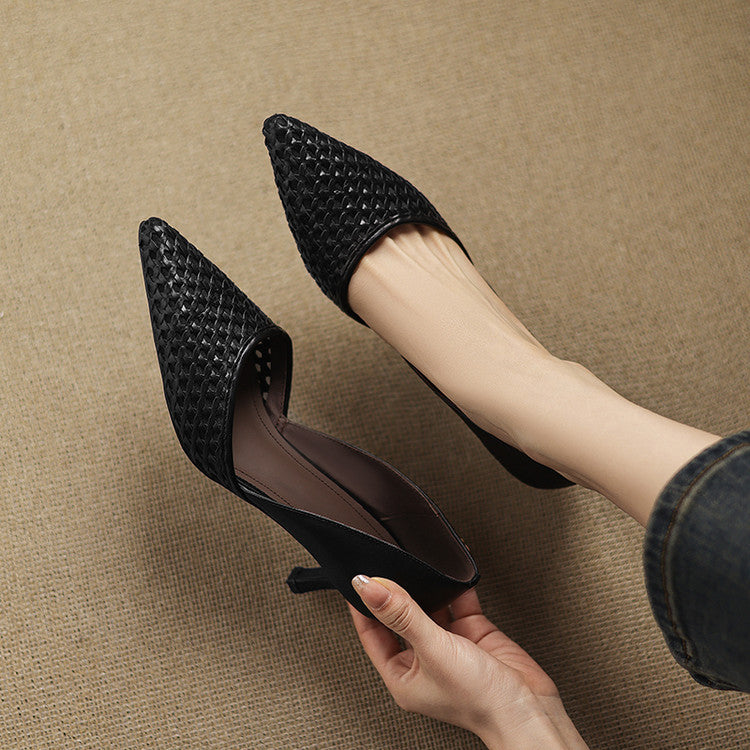 Sole and heel detail of Rosanne woven leather heels