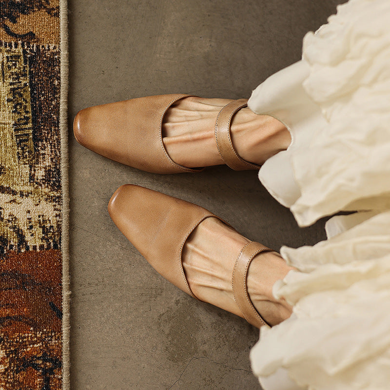 Women's square-toe leather mules, front view