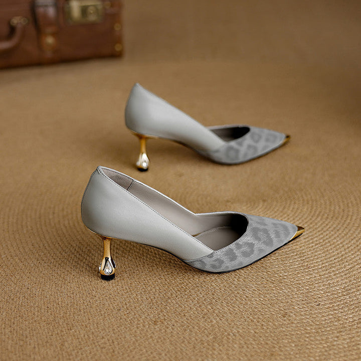 Leopard-toe leather sculpted heels, top view of Ash Gray pair