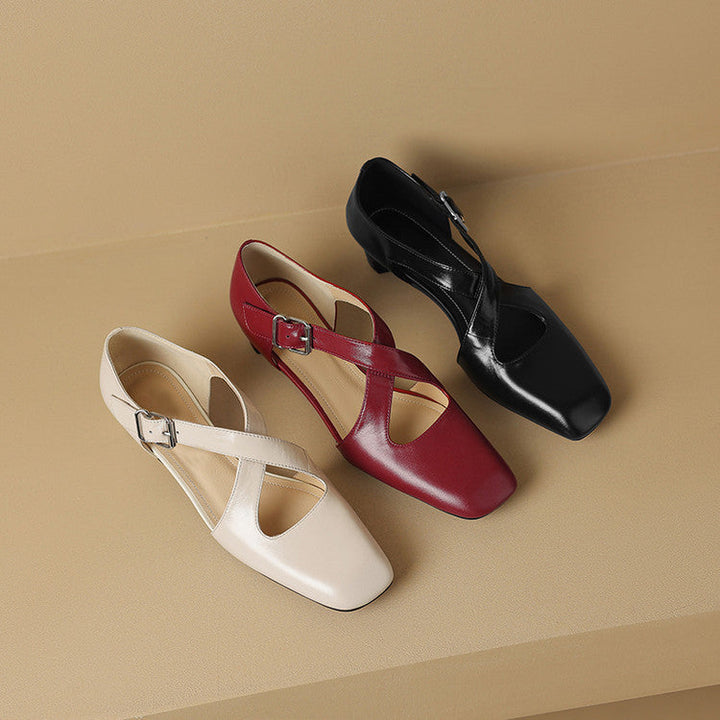 Cross-strap leather d'Orsay heels, top view of Wine Rouge pair