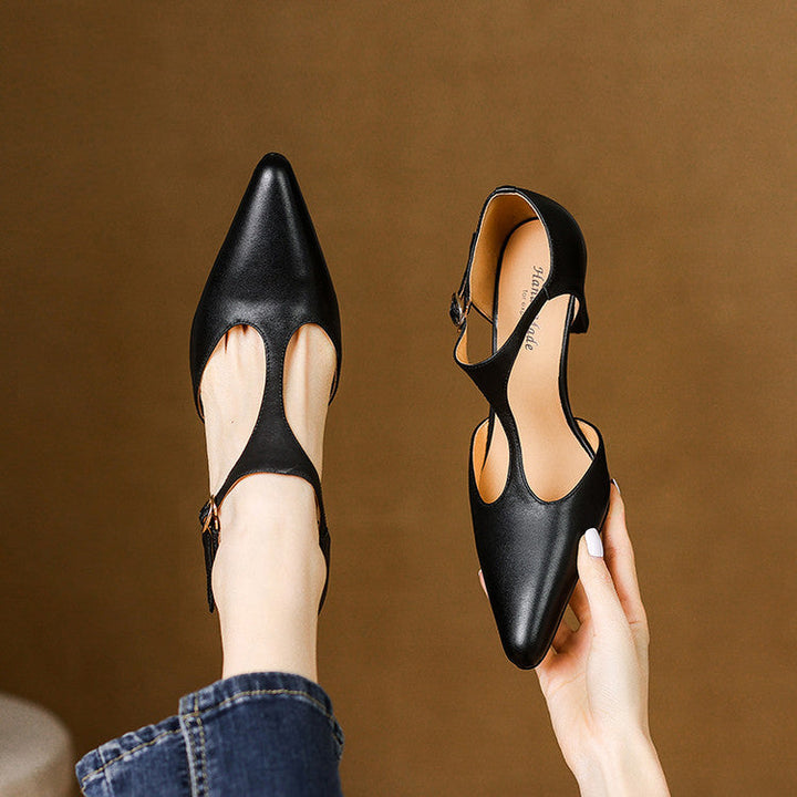 Constance T-bar heels worn with a dress