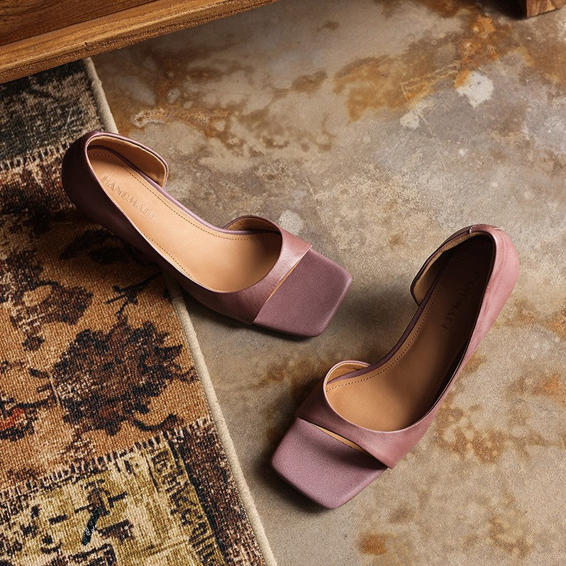 Top-down view of an open square-toe leather heeled sandal