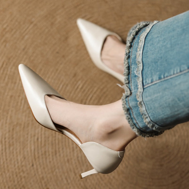 Close-up of heel on Maxine leather d'Orsay pumps