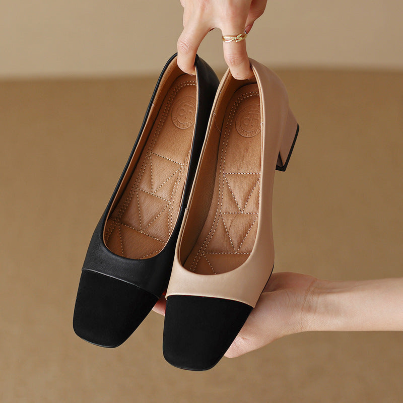 Midnight Black leather block pumps, angled studio shot