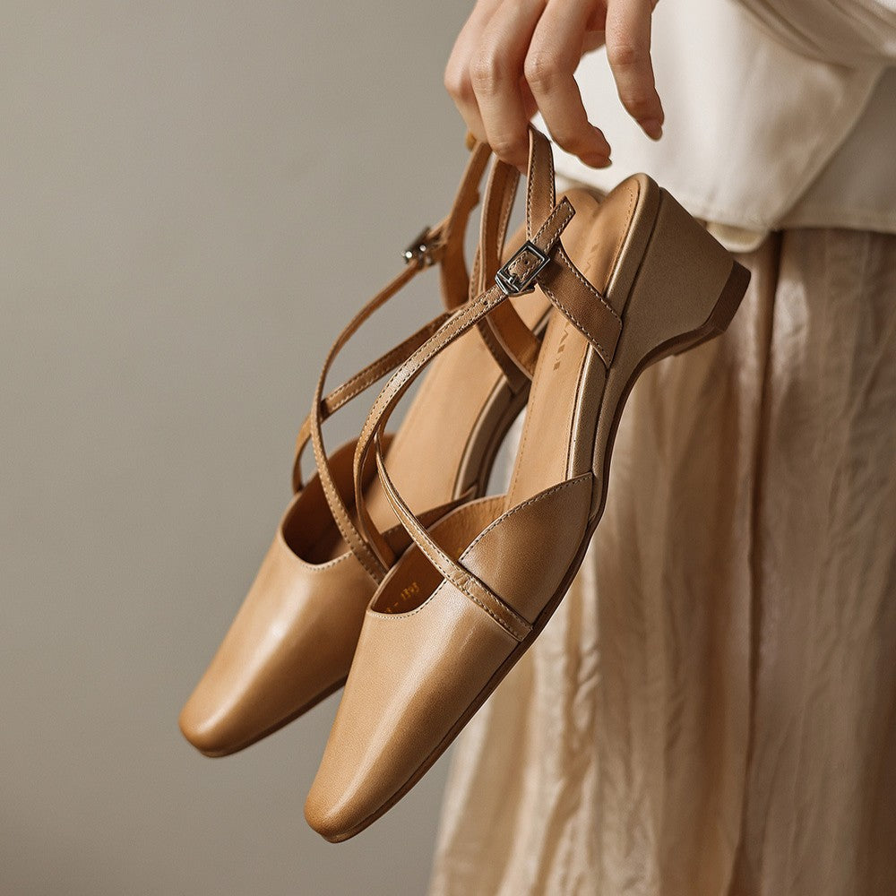 Women's square-toe cross-strap leather slingbacks, front view