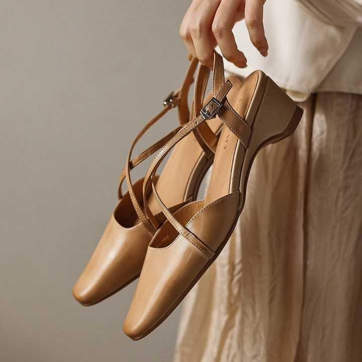 Women's square-toe cross-strap leather slingbacks, front view
