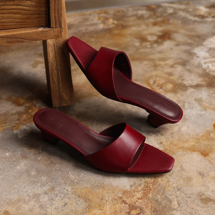 Nadine mules, front view in Deep Merlot