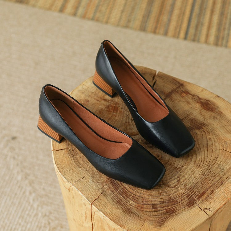 Frances | Square-Toe Leather Low Pumps