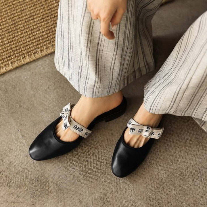 Adele mules, close-up of printed ribbon bow