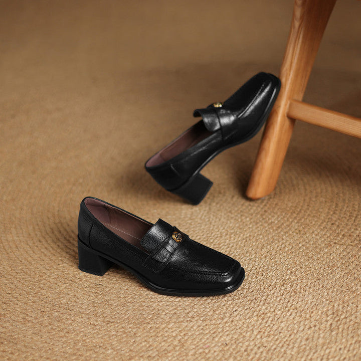 Sylvie square-toe leather loafer pumps, both colors side by side