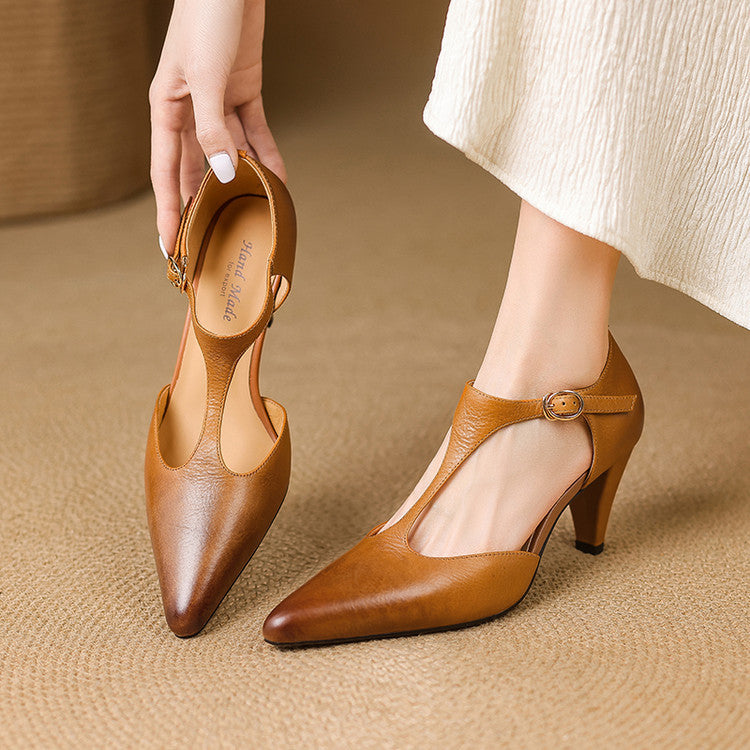 Chestnut Brown leather T-bar heel with pointed toe, three-quarter view