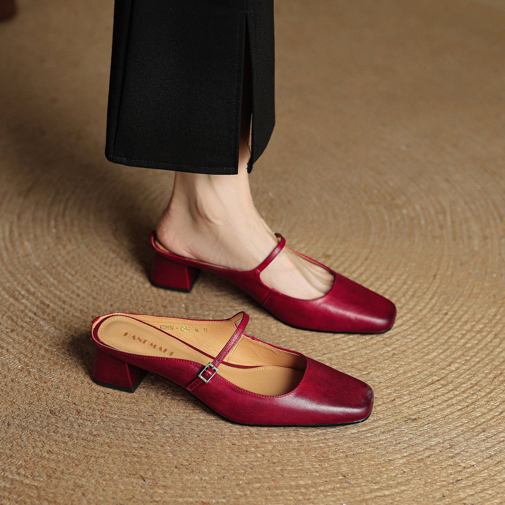Florence square-toe leather block mule, three-quarter view