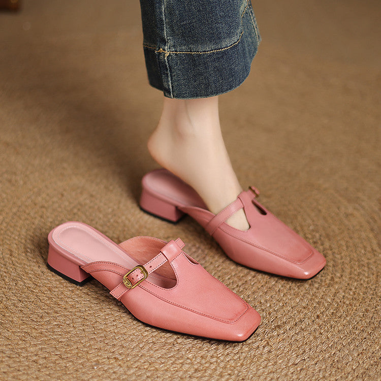 Blush Terracotta leather mule with square toe and T-strap, three-quarter view