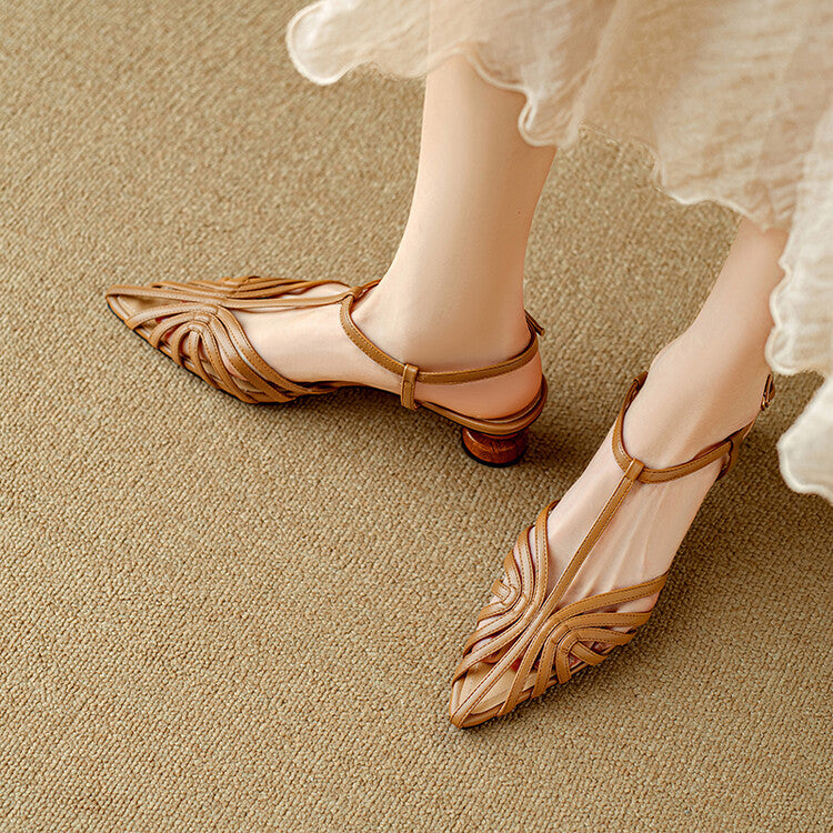 Woven T-strap heels, top view of Desert Tan pair