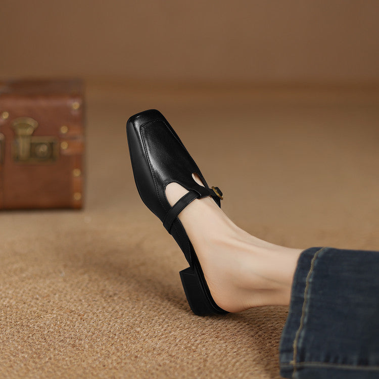 Edith | Square-Toe T-Strap Leather Mules