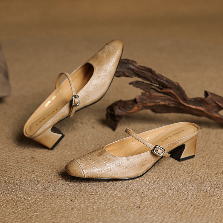 Cecilia | Strap Leather Heeled Mules