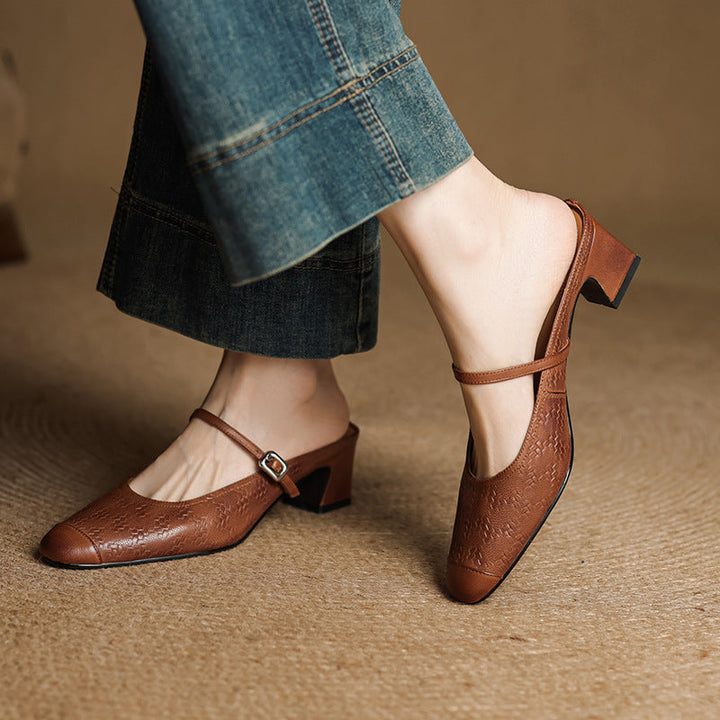 Cecilia heeled mules, close-up of embossed leather texture