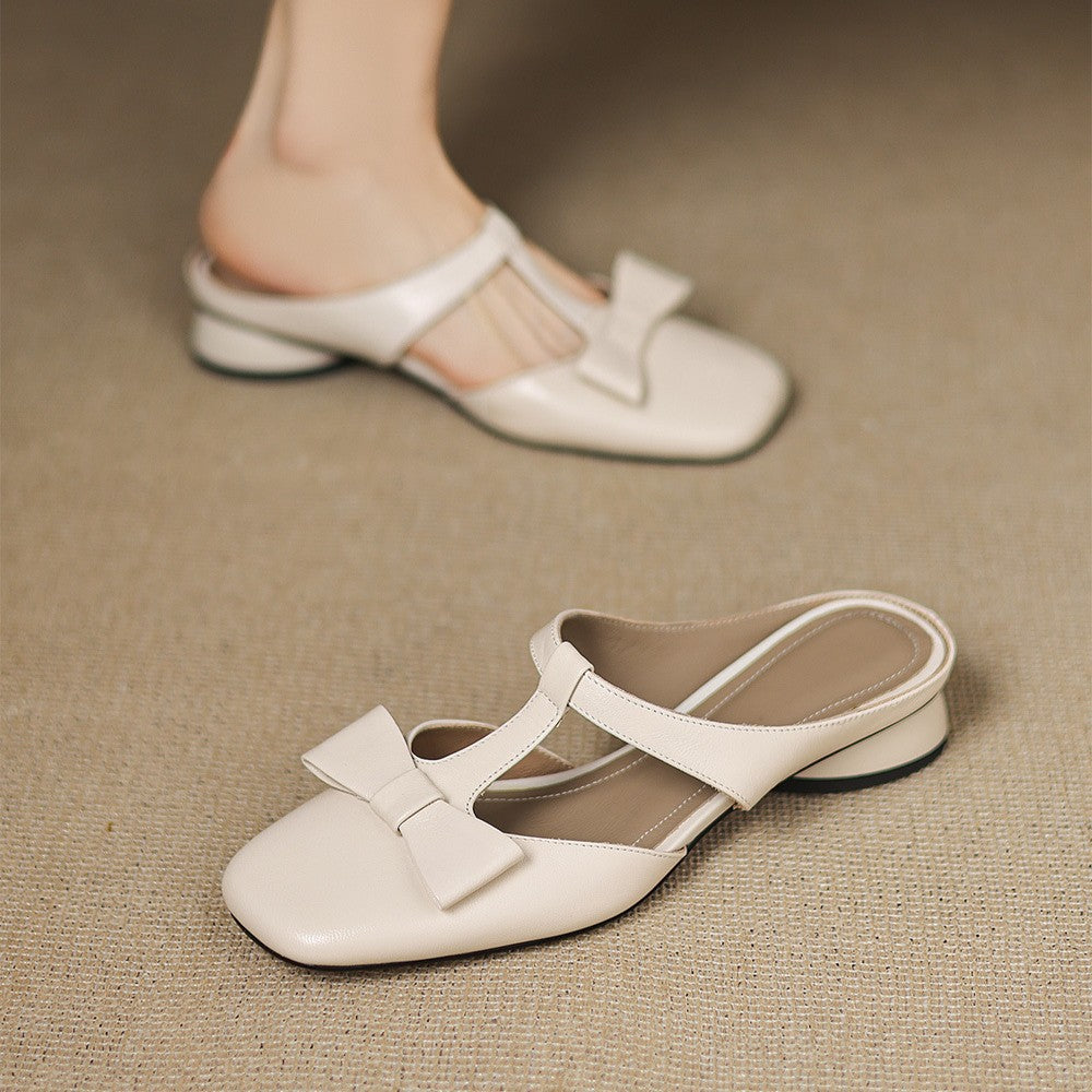 Penelope | Bow T-Bar Leather Heeled Mules