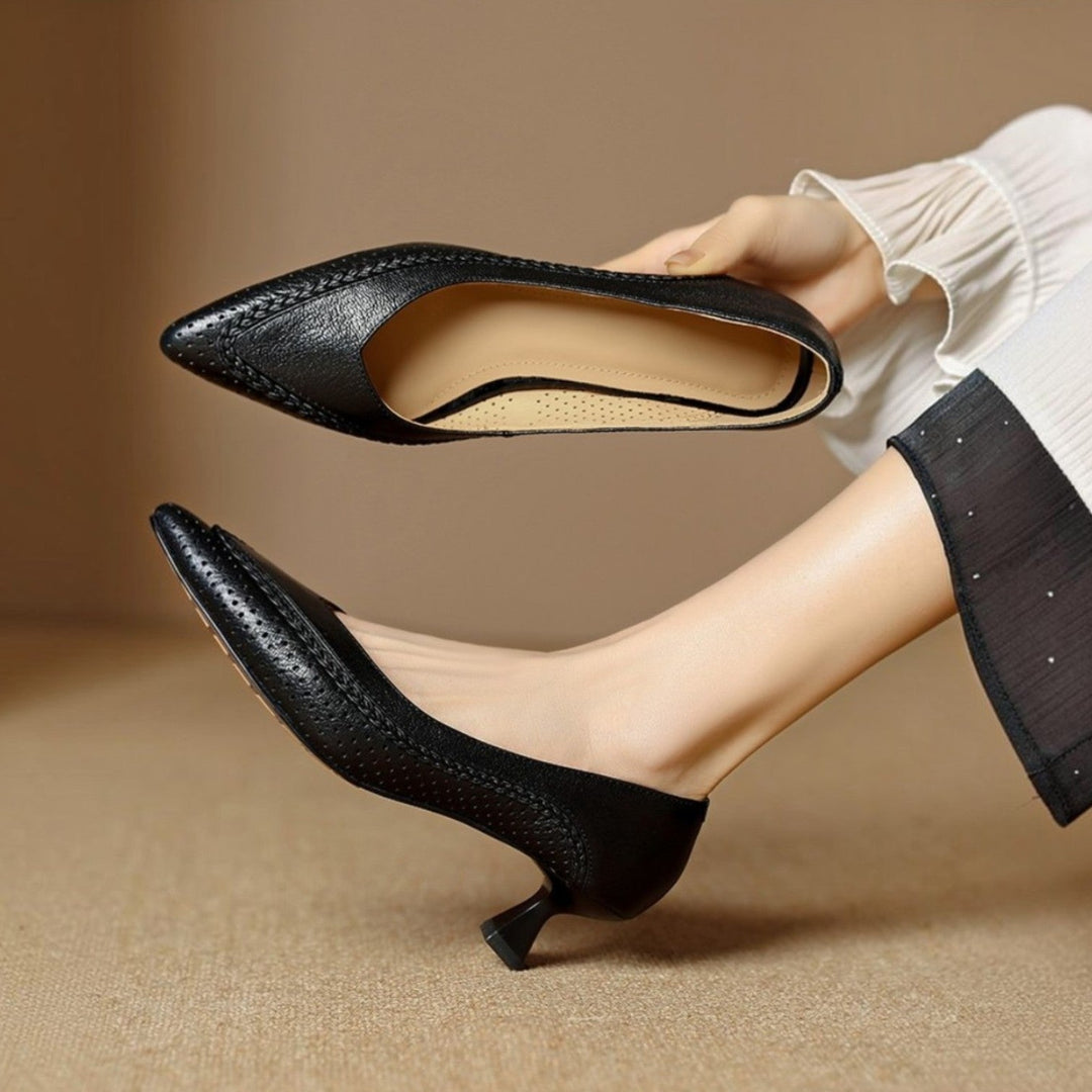 Ivory Cream leather kitten heel, side view of 2-inch heel