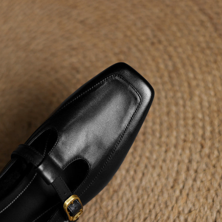 Edith | Square-Toe T-Strap Leather Mules