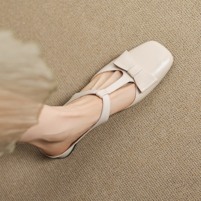 Penelope | Bow T-Bar Leather Heeled Mules