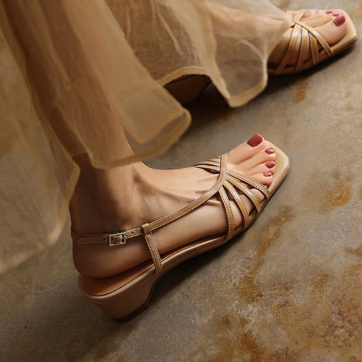 Sandra | Strappy Square-Toe Leather Sandal Heels