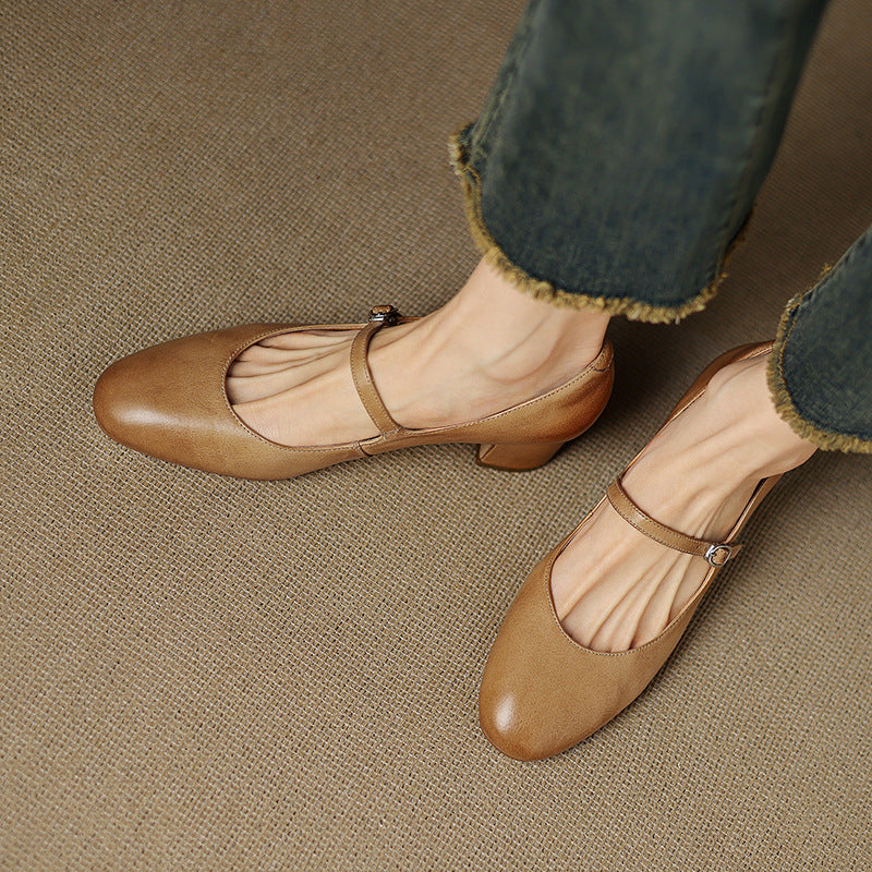 Leather block heel, back view showing the 2-inch heel