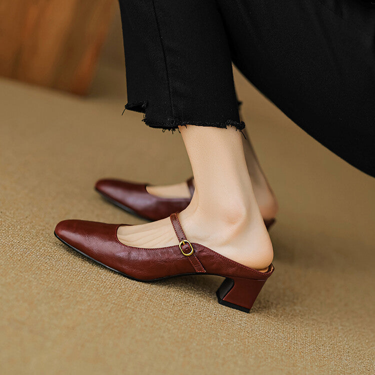 Top-down view of a square-toe strap leather mule