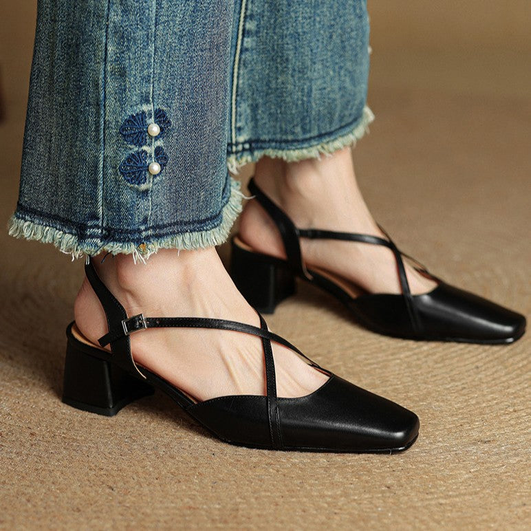 Adelaide | Square-Toe Leather Slingback Heels