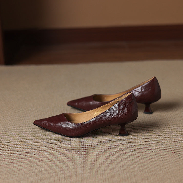 Women's pointed leather low pumps shown as a pair