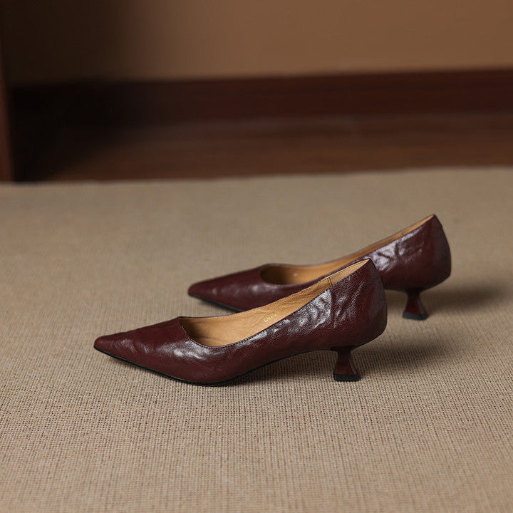 Women's pointed leather low pumps shown as a pair