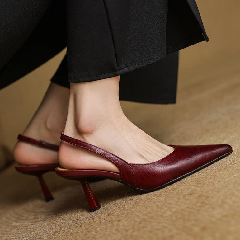 Oatstone Beige leather slingback heel, side view of 2.75-inch heel