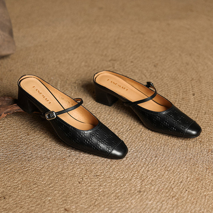 Cecilia | Strap Leather Heeled Mules