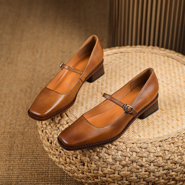 Antoinette | Square-Toe Leather Mary-Jane Heels
